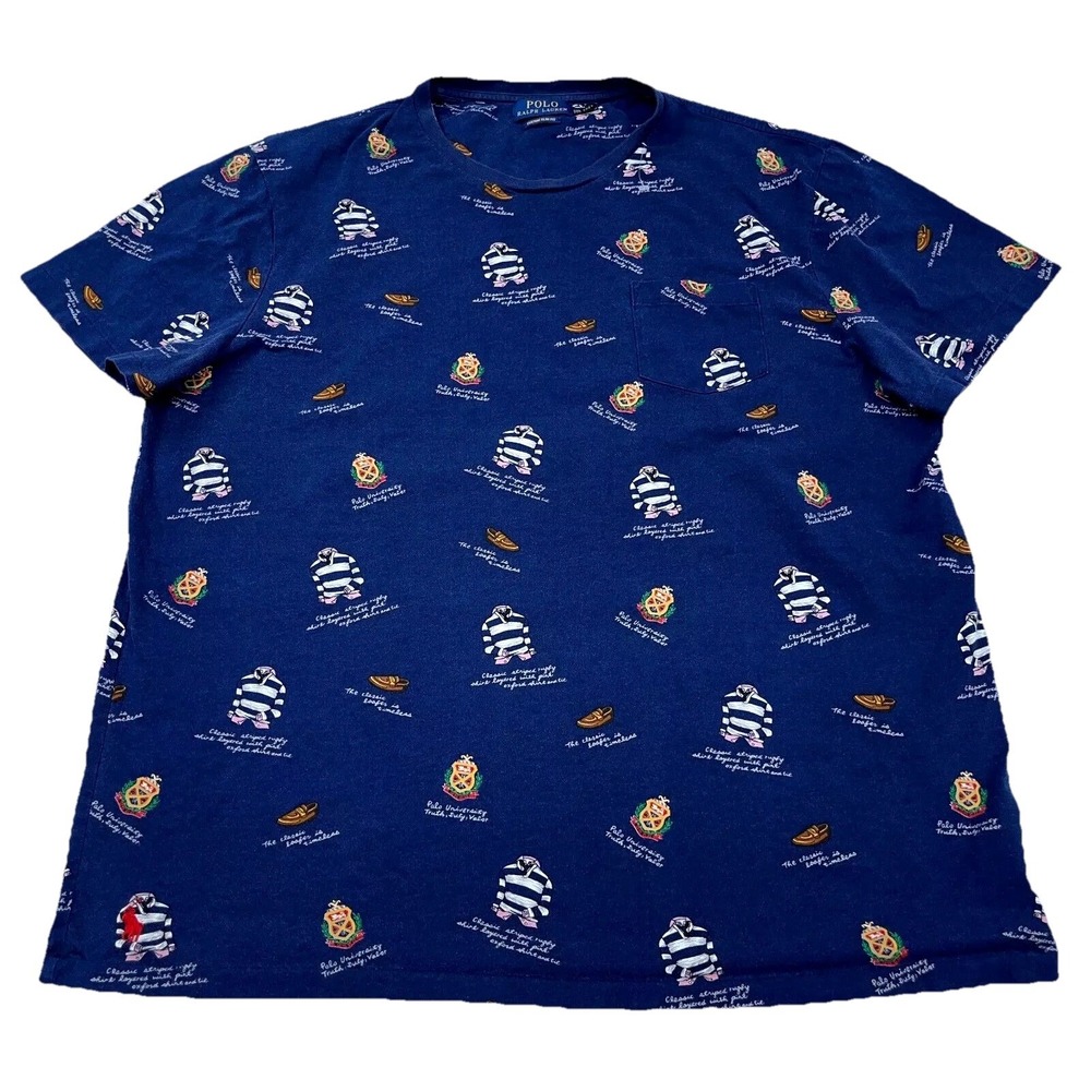 Polo Ralph Lauren Shirt Men XXL 2XL Blue Tee Custom Slim Fit AOP All Over Crest